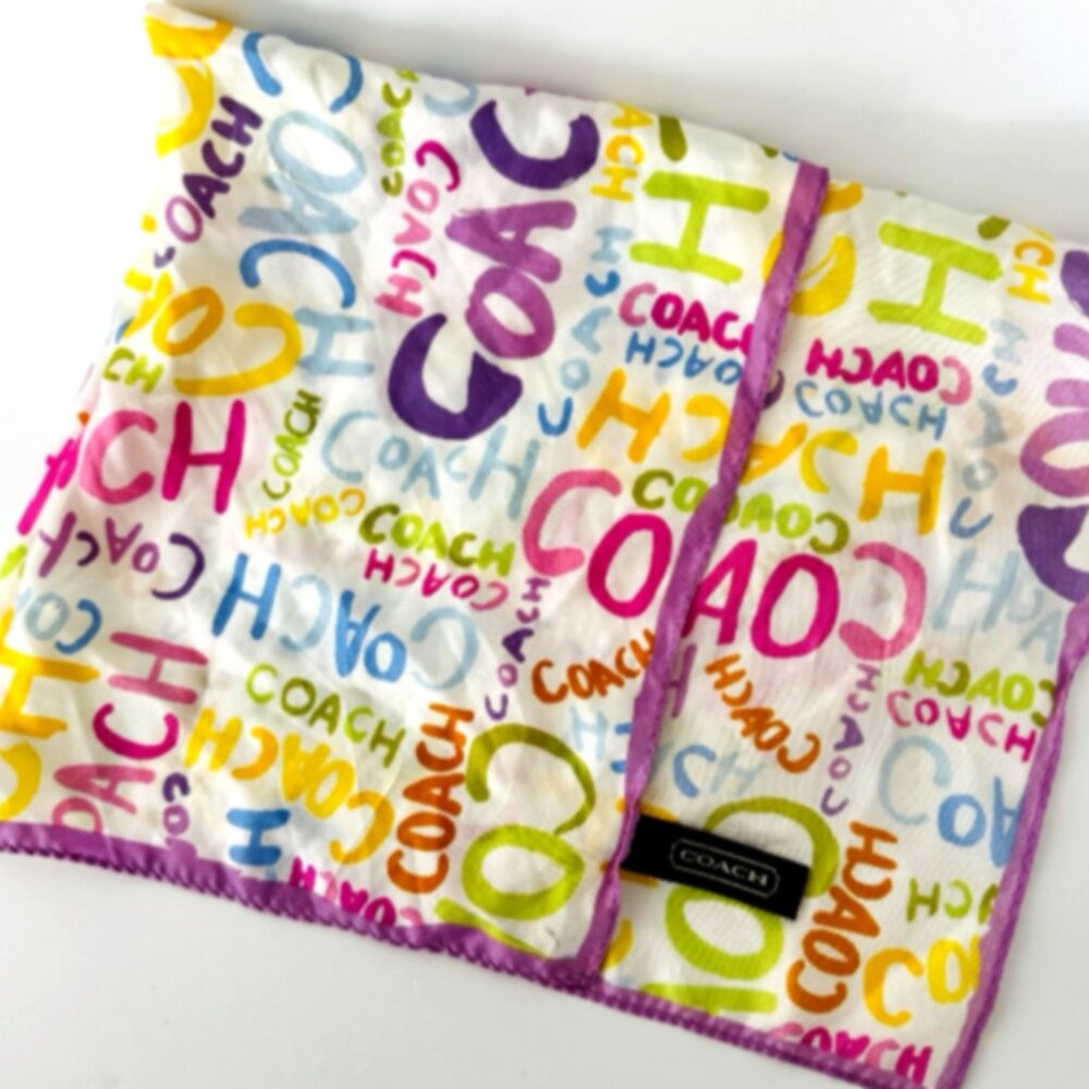 Coach Scribble Silk Scarf Y2K Multicolor Graffiti Logo Vintage Wrap